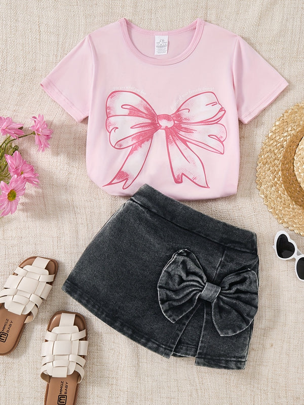 Summer Denim Set, Pink Printed T-Shirt + Black Bow Shorts Two-Piece.