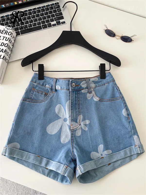 SINGREINY Print Denim Shorts Casual Korean Style High Waist Slim.