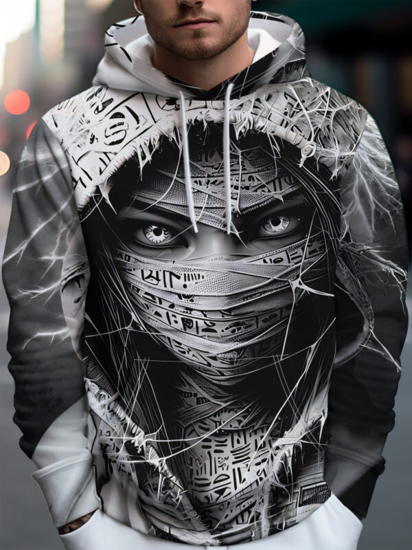 Men'S Individual Trendy Street Style Hooded Sweatshirt with Full Rune Band on Hood, Sharp Eyes And Lightning Wrapped - Full Street Trendy Style, Rich And Artistic Pattern Elements, Easy to Create Individual Outfit