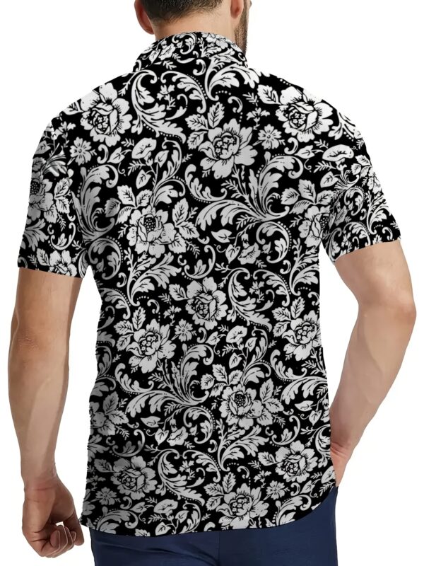 Men'S Fashion Digital Print Zipper Polo Shirt Trendy Floral Pattern Casual Lapel Short Sleeve Top, Print Design – Not Textured//Sequins/Flat Print T-Shirt, No Additions/White Slightly Transparent