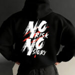 Men'S Black Biker Hoodie Featuring a Striking 'No Risk No Story' Design, Designed for a Relaxed Fit Ideal for Casual Autumn Wear And Layering