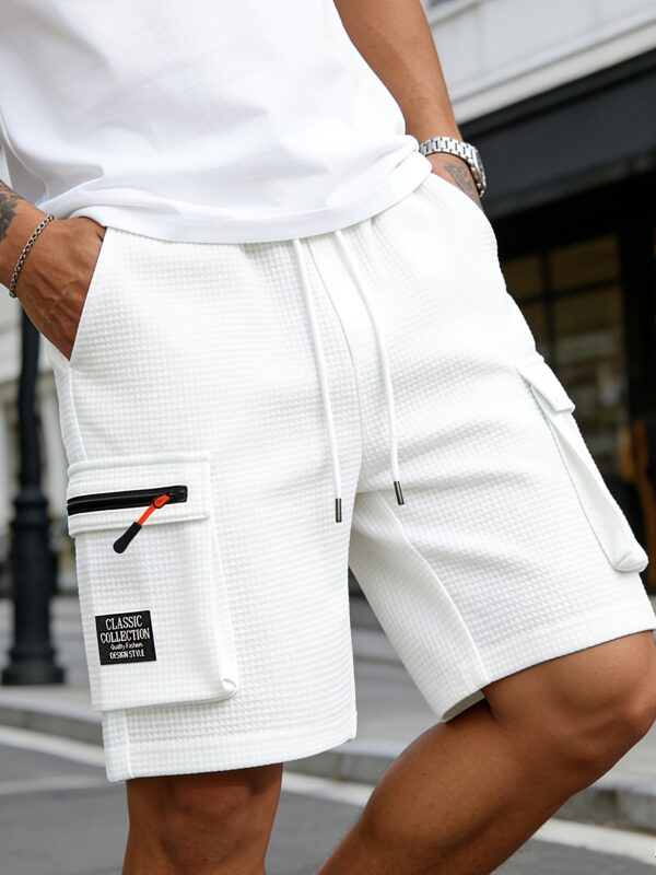 Men's New Waffle Weave Cargo Shorts - Waffle Weave Knee-Length Pants with Adjustable Drawstring Waist, Multiple Functional Pockets, Faux Zipper Design, Loose Fit, Comfortable, Lightweight, and Breathable. Ideal for Daily Wear, Home, Casual Outings
