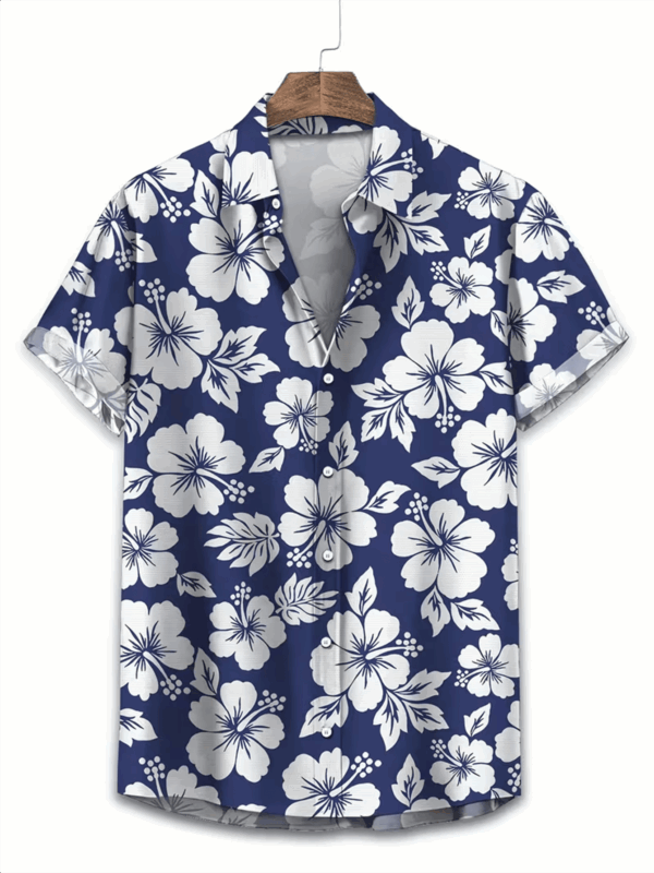 Men's Classic Blue and White Hibiscus Short-Sleeve Shirt, Hawaiian Style Shirt, All-Over Vintage Floral Print Loose Top, Suitable for Beach, Vacation, and Daily Wear