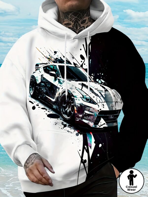Men's Novelty Fashion Casual Long Sleeve Hoodie with Black and White Contrast and Racing Graffiti Print, Outdoor Hooded Sweatshirt with Drawstring and Kangaroo Pocket, Long Sleeve Casual Sportswear for Spring, Autumn, and Winter Outings