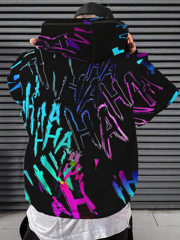 Men'S Individual Trendy Street Style Hooded Sweatshirt with Colorful Haha Text Randomly Distributed on Black Background - Full of Street Trendy Style, Rich And Artistic Pattern Elements, Easily Create Individual Outfit