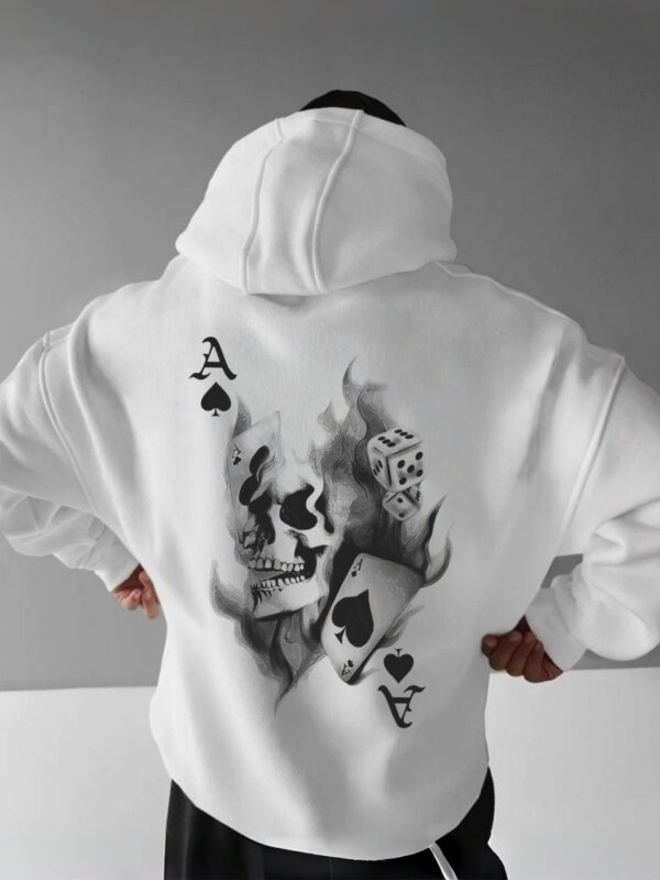 Men's Oversized White Hoodie with Skull & Poker Card Print (Aces Suitable for Moto Fashion, Streetwear, Loose Fit Hooded for Spring/Autumn, Machine Washable for Care.