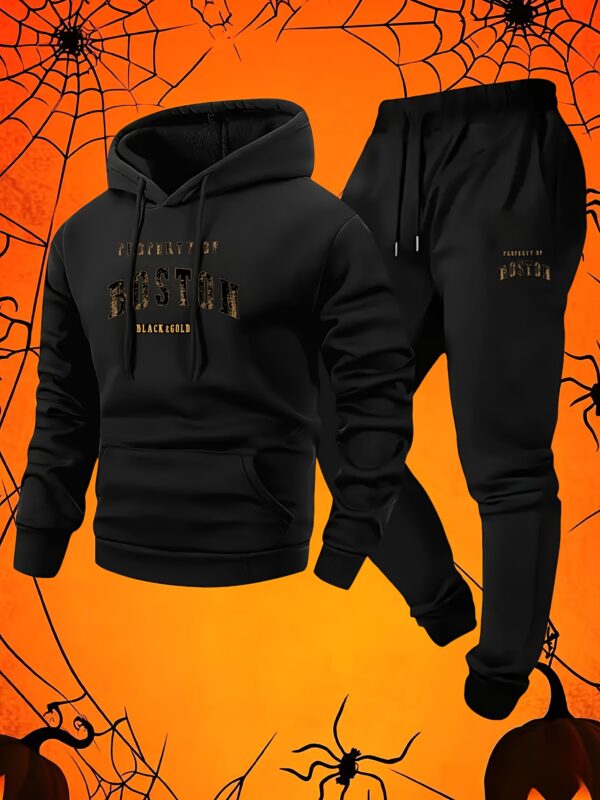 mens boston print hoodie sweatpants set casual long sleeved.