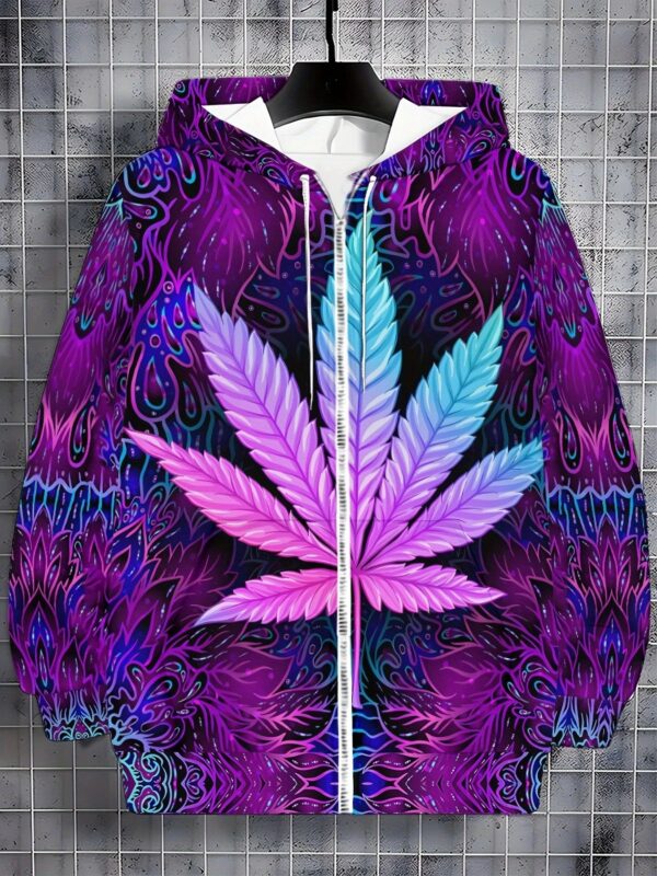 Men's Long-sleeve Zip-up Hooded Sweatshirt with Leaf Pattern, Autumn-winter Casual Outdoor Jacket Featuring Drawstring and Pockets
