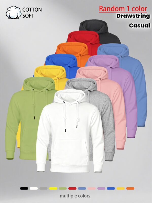 Men's Cotton Solid Color Sweatshirt, Random 1pc Pack, Fashionable Autumn/Winter New Pullover Hoodie with Large Front Pocket and Adjustable Drawstring, Suitable for Casual Outdoor Wear, Men's Gift, Christmas Special
