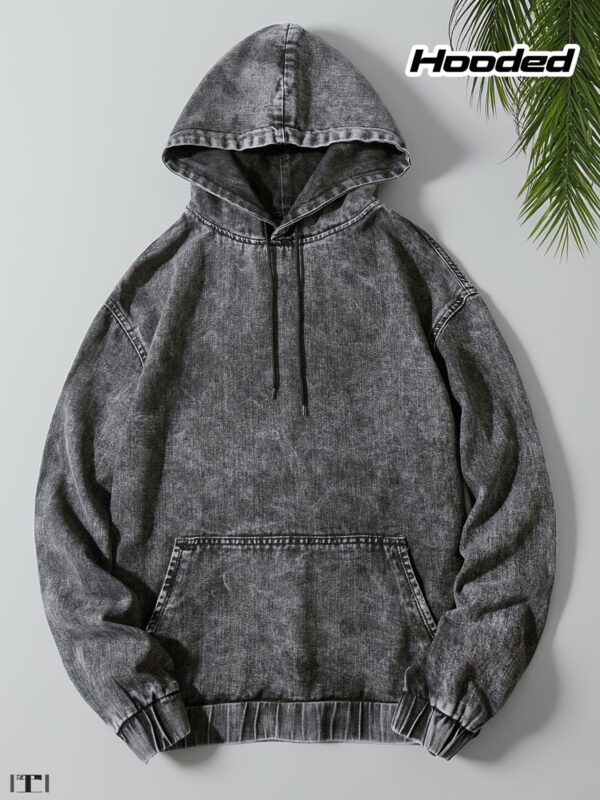 Men's Denim Hooded Sweatshirt, Grey, Distressed, Drawstring, Pockets, Trendy, Casual, High Street Style, Hip Hop, American, Fashionable, Instagram Style