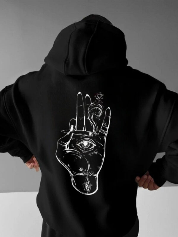 Men's Moto-Style Black Hoodie, Featuring a Mystical Eye Hand-Drawn Design, Casual Oversized Fit with Soft Lining, Perfect for Fall/Winter Streetwear Trends