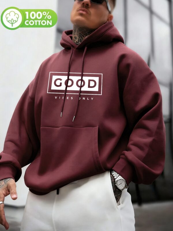 Men's Maroon Cotton Hoodie for Spring and Autumn - GOOD VIBES ONLY Graphic, Casual and Trendy Oversized Style, Soft Comfort and Stylish Design
