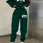 2 pièces Ensemble Sweatshirt et Pantalon Femme en Polyester Spandex Décontracté avec Imprimé NYC, Col Rond