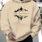 Men's Casual Geometric Mountain Print Hoodie - Stretchy Polyester Pullover with Kangaroo Pocket, Regular Fit Long Sleeve Sweatshirt for Autumn/Winter, Versatile Casual Attire