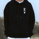 [95%, 5% Spandex] Men'S Casual Pocket Hoodie with "Black Spade K" Print, 240G Globally Suitable for All Seasons, Factory-Made for Men'S Comfort, High Quality, And Excellent Fit in Casual Sportswear