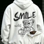 Autumn Winter New Men'S Hooded Sweatshirt Loose Fit Casual Pullover with Smiling Bear Print Streetwear Pocket Zipper Style