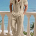 Trendy Linen Men'S Casual Fashion Breathable Sweat-Absorbing Loose Hooded Henley Shirt And Pants Set, Sweat-Resistant