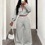 Ensemble Décontracté Femme 2 Pièces : Haut à Manches Longues Zippé et Pantalon Large, Tenue Sportive Quotidienne