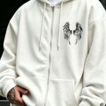 New Fall Winter Hooded Zip Up Sweatshirt for Men Loose Fit Wing Print Street Style Warm Casual Pullover with Pockets Trendy Street Zip Pocket