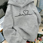 Autumn/Winter Trendy Fashion Drawstring Hooded Sweatshirt with Heartbeat Line + Love Heart Print, Simple Romantic Line Art Style. Features a Hood with Drawstring and a Front Kangaroo Pocket for Comfortable Wear in Cold Weather