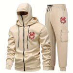 Latest Trend, Double Hat Face-Covering Hoodie + Casual Cargo Pants Set, Street Style Casual Set, Outdoor, Fishing, Mountaineering