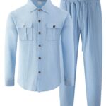 Men'S 2pcs Outfit Set, Long Sleeve Collared Button-Up Shirt Jacket with Pockets And Elastic Drawstring Casual Pants, Daily Vacation Tracksuit