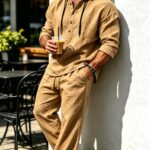 Men'S Fashion Linen Two-Piece Suit, Hooded Henley Long Sleeve Top And Drawstring Straight-Leg Trousers, Breathable Textured Linen Fabric, Loose Casual Fit, Suitable for Urban Commute, Outings, Vacations, And Various Men'S Outfits