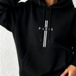 Autumn Winter New Hoodie for Women - Paris Print White Stripes Casual Loose Fit Hooded Sweatshirt, Warm Comfortable Street Style Sportswear