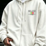 New Autumn Winter Outerwear Men's Loose Fit Hooded Zip Up Sweatshirt with Milano Italy Flag Print, Warm Casual Sports Pullover, Trendy Fashion Zip Style