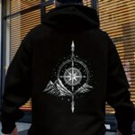 [95% Cotton 5% Spandex] Plus Size Men's Casual Loose Hooded Sweatshirt with Pockets, "Compass Mountain" Print, 240g, Global All-Season Base Layer, Factory Made, Comfortable, High Quality, High Fit Rate, Casual Sportswear, PLUS SIZE