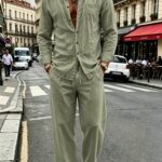 Spring/Autumn Men's Linen Shirt and Trousers Set, Casual Cardigan Button-Up Long Sleeve Shirt with Chest Pocket, Breathable Woven Linen Fabric, Beach Long Sleeve Shirt and Trousers Set, Suitable for Daily Outings, Outdoor Sports