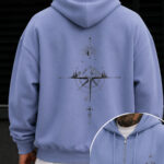 Autumn Winter New Men'S Hooded Sweatshirt Loose Fit with Back Geometric Compass Mountain Sun Print Warm Streetwear Zip Pocket Pullover