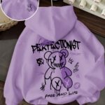 Trendy Brand Fluid Bear Print Loose Hooded Sweatshirt, Perfectionist Free Life Purple Torn Bear Graffiti Print Hoodie, Women's Casual Long-Sleeve Pullover Top, Hip-Hop Gothic Style Cartoon Bear Loose Sweatshirt, Soft, Comfortable, and Skin-Friendly