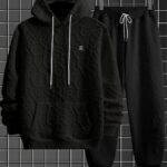 Simple Casual Men's Autumn Winter Jacquard Daily Set Street Hooded Sweatshirt + Pants 2pcs