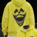 Autumn Winter New Hooded Sweatshirt for Men Loose Fit Skull Print Casual Pullover Warm Street Style with Pockets Zipper Detail