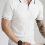 Men'S Knit Polo Shirt, Classic Vertical Striped Contrast Design, Metal Zipper Collar Short Sleeve, Elegant Mature Style Business Casual Light Luxury Golf Top