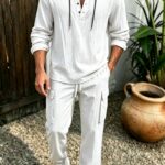 Men's Linen Top and Trousers Set, New Workwear Cargo Jogger Pants and Top Set, Linen Material, Breathable, Sweat-Absorbent, and Comfortable Linen Fabric, Three-Dimensional Cargo Pockets, Tactical Pants, Four Seasons Style, Autumn/Winter Jogger Work
