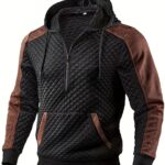 Men's Fashion Top, Autumn/Winter Casual Textured Diamond Check Fabric, Color-Block Hooded Velvet Blend Patchwork Long Sleeve Pocket Pullover Knitwear