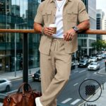 Summer Lightweight Casual Set: Lapel Double-Pocket Shirt + Straight-Leg Pants, Men's 2pcs Set for Beach Travel / Daily Wear