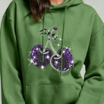 Autumn Winter Women's Loose Hoodie with Y2K Purple Cherry Print, Sparkle Embellishments and Star Accents, Casual Pullover Top