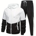 Men'S Casual Sports Set, Spring/Autumn Hooded Jacket And Pants, 2pcs Stylish Athletic Suit, Youth Fashion Trend, Color Block Design