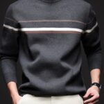 Men's Autumn and Winter Sweater Striped Simple Round Neck Pullover Gray Knitted Sweater Casual Top