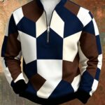[Print Design - Not Textured] Men'S Retro Geometric Color-Block Digital Print Half-Zip Stand Collar Sweatshirt, Spring/Autumn Loose Casual Top, Daily Commute Outdoor Wear