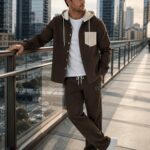 2026 Men'S Fashion Corduroy Long Sleeve Suit, Casual Color-Block Hooded Shirt And Straight Trousers 2pcs Set, Outdoor Sports Long Sleeve Jacket And Pants Set