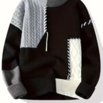 Men'S Color Block Cable Sweater Soft Ribbed Texture Machine Washable Korean Style Round Neck Pullover for Spring Fall Winter Casual Mature Occasions Sweater Youth Fashion Patchwork Thickened Warm Knit Shirt Durable Wear