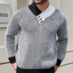 YFOF Men's -Neck Button-Up Sweater - Two-Tone Striped -Fit Pullover with Ribbed Collar & Long Sleeves, Machine Washable Winter Sweater Suitable for Fall/Winter, Casual Office Wear, Belt-Free