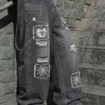 Men'S Vintage Gray Black Washed Spider Web Heart Patch Embroidery Distressed Ripped Loose Wide Leg Baggy Jeans Y2K Street Skate Style Casual Denim Long Trousers