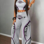 Women's Standard Size American Retro Racing Style Halter Top Wide Leg Pants Set, Gray& Purple Contrast SPEED Letter Print High Waist Loose Slim Fit Hot Style Casual 2pcs Set