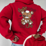 New Autumn Winter Fleece Casual Pullover Hoodie with Cartoon Bear Print And Letter Decor for Men Women, Loose Fit Street Style Warm Comfortable Daily Wear, Trendy Oversized Drop Shoulder