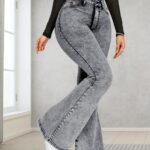 Damen High-Waist Stretch Slim-Fit Graue Schneeflocken Denim Flare Jeans - Lässige Bell Bottoms mit Schrägtaschen, Maschinenwaschbar, Stilvolle Schneeflocken Jeans|Bellbottom Silhouette|Verblasste Textur Denim